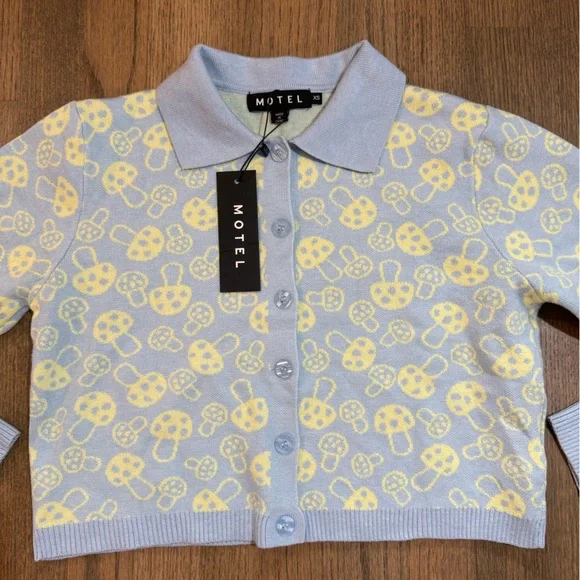NEW Motel Rocks Baby Shroom Cropped Cardigan-Baby Blue/Yellow-Size XS - Picture 2 of 8